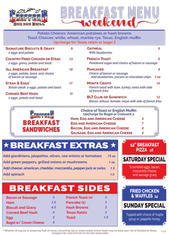 Check out our exclusive menu for Saturday and Sunday mornings, starting at 7AM. We now are offering multiple breakfast sammies, omelette and skillet choices. Check out our exclusive menu for Saturday and Sunday mornings, starting at 7AM. We now are offering multiple breakfast sammies, omelette and skillet choices.