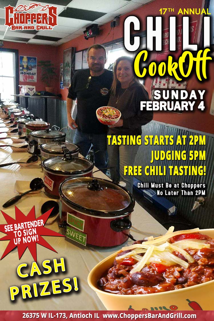 Get your pots and recipes ready! It's CHILI COOK-OFF TIME!
Let's see who gets the bragging rights at our 17th Annual cook-off on February 4th.
Free Chili Tasting Starts at 2 PM - Judging 5 PM.
Cash Prizes!
See bartender to sign up!
Spread the word! Get your pots and recipes ready! It's CHILI COOK-OFF TIME! Let's see who gets the bragging rights at our 17th Annual cook-off on February 4th. Free Chili Tasting Starts at 2 PM - Judging 5 PM. Cash Prizes!See bartender to sign up!Spread the word!