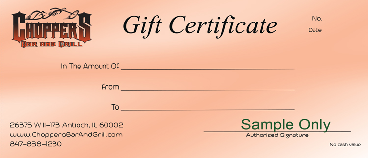 Christmas is Coming! Not sure what to buy for Christmas? Give Choppers Gift Certificates - they will love you! They can have a night out without cooking or they can pick out the perfect Choppers T-Shirt or Sweatshirt! Christmas is Coming! Not sure what to buy for Christmas? Give Choppers Gift Certificates - they will love you! They can have a night out without cooking or they can pick out the perfect Choppers T-Shirt or Sweatshirt!