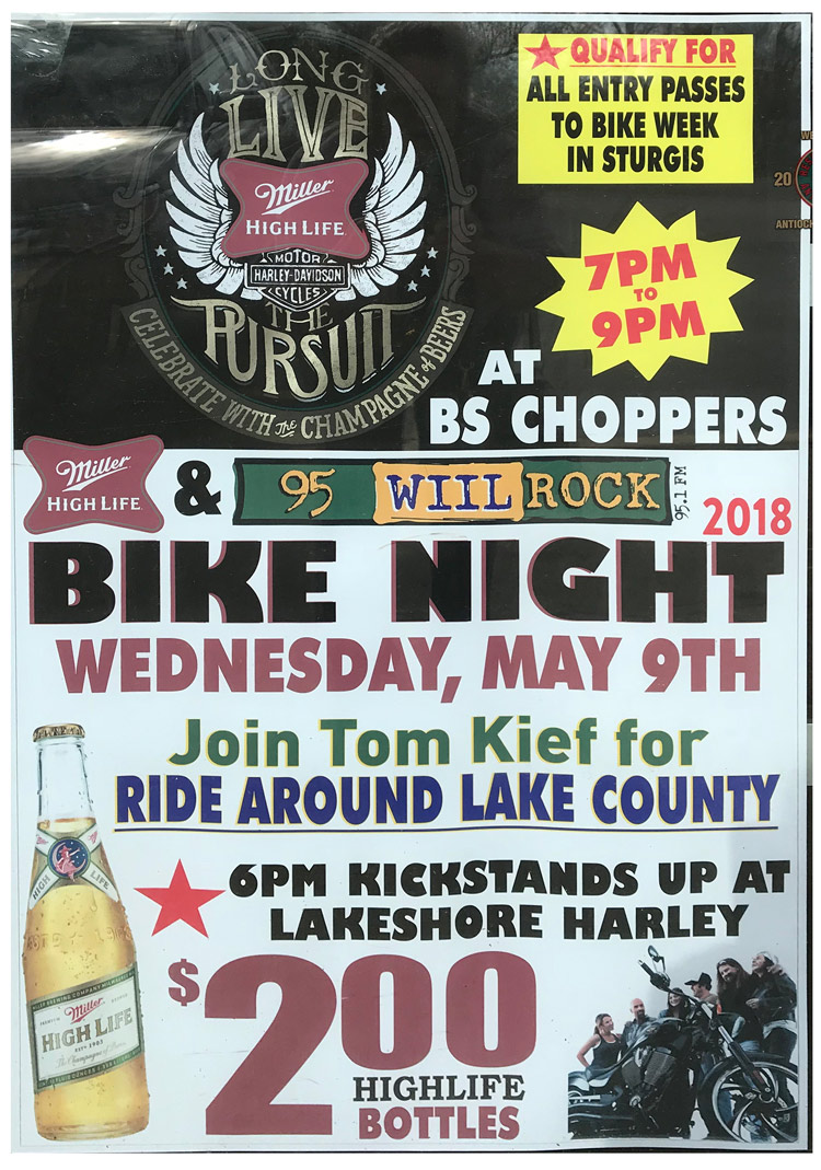 Join Tom Kief from the 95 WIIL ROCK Morning Show at Choppers Bar and Grill for Bike Night this Wednesday, May 9th from 7-9PM for a LIVE BROADCAST! Win Jesse James Bourbon Swag!
$2 High Life Bottles
Qualify for All Entry Passes to Bike Week in Sturgis!
Kickstands up at 6pm at Lake Shore Harley-Davidson (In order to qualify for the Sturgis camping prize you must go on that nights ride) Join Tom Kief from the 95 WIIL ROCK Morning Show at Choppers Bar and Grill for Bike Night this Wednesday, May 9th from 7-9PM for a LIVE BROADCAST! Win Jesse James Bourbon Swag!
$2 High Life Bottles
Qualify for All Entry Passes to Bike Week in Sturgis!
Kickstands up at 6pm at Lake Shore Harley-Davidson! (In order to qualify for the Sturgis camping prize you must go on that nights ride)