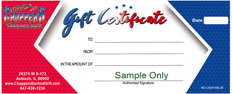 Christmas is Coming! Not sure what to buy for Christmas? Give Choppers Gift Certificates - they will love you! They can have a night out without cooking or they can pick out the perfect Choppers T-Shirt or Sweatshirt! Christmas is Coming! Not sure what to buy for Christmas? Give Choppers Gift Certificates - they will love you! They can have a night out without cooking or they can pick out the perfect Choppers T-Shirt or Sweatshirt!