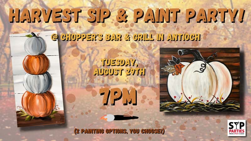 Join us for this fun Harvest SIP & Paint Party! SIP Parties is a unique twist on your typical SIP & Paint party experience! Enjoy a lively performance that brings humor and audience interaction to detailed art instruction. Whether you’re looking to do a girls night out or enjoy a date night with the hubby, this is a perfect local activity. Join us for this fun Harvest SIP & Paint Party! SIP Parties is a unique twist on your typical SIP & Paint party experience! Enjoy a lively performance that brings humor and audience interaction to detailed art instruction. Whether you’re looking to do a girls night out or enjoy a date night with the hubby, this is a perfect local activity.