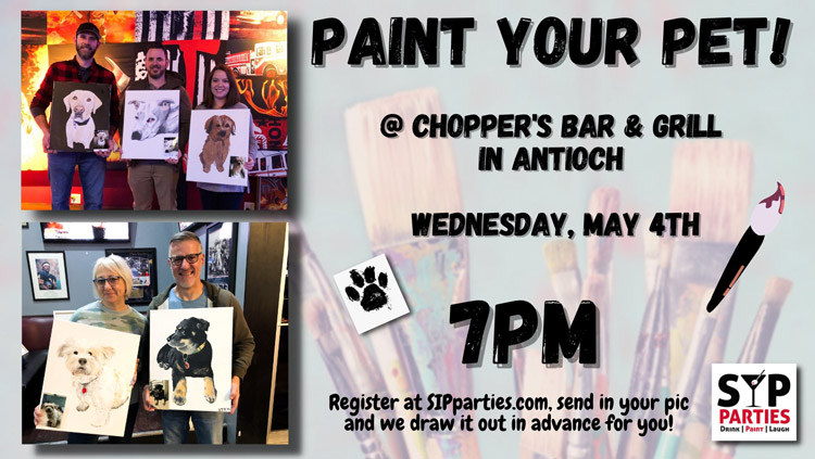 Join us to paint your pet on May 4th, 2022! SIP Parties is a unique twist on your typical SIP & Paint party experience! Enjoy a lively performance that brings humor and audience interaction to detailed art instruction. Whether you're looking to do a girls night out or enjoy a date night with the hubby, we are the perfect local activity. Join us to paint your pet on May 4th, 2022! SIP Parties is a unique twist on your typical SIP & Paint party experience! Enjoy a lively performance that brings humor and audience interaction to detailed art instruction. Whether you're looking to do a girls night out or enjoy a date night with the hubby, we are the perfect local activity.