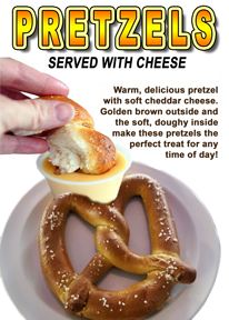 Now serving warm, delicious pretzels with soft cheddar cheese. Golden brown outside and the soft, doughy inside make these pretzels the perfect treat for any time of day! Now serving warm, delicious pretzels with soft cheddar cheese. Golden brown outside and the soft, doughy inside make these pretzels the perfect treat for any time of day!