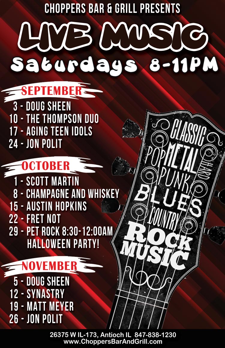 Join us Saturday nights for Live Music 8PM to 11PM. We have a great lineup of musicians coming up! 

September 3 – Doug Sheen 
September 10 – The Thompson Duo
September 17 – Aging Teen Idols
September 24 - Jon Polit

October 1 – Scott Martin
October 8 – Champagne and Whiskey 
October 15 – Austin Hopkins
October 22 – Fret Not
October 29 - Pet Rock 8:30-12:00AM HALLOWEEN PARTY!

November 5 – Doug Sheen
November 12 – Synastry
November 19 – Matt Meyer
November 26 – Jon Polit