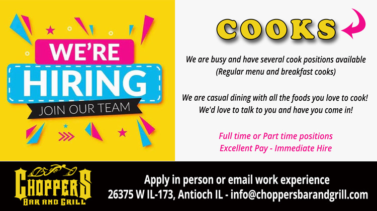 Looking for COOKS to complete our team! Immediate Hire!
We are busy and have several cook positions available. (Regular menu and breakfast cooks). We are casual dining with all the foods you love to cook!
We'd love to talk to you and have you come in!
Full time or Part time positions.
Apply in person or send us a message. Looking for COOKS to complete our team! Immediate Hire!
We are busy and have several cook positions available. (Regular menu and breakfast cooks). We are casual dining with all the foods you love to cook!
We'd love to talk to you and have you come in!
Full time or Part time positions.
Apply in person or send us a message.